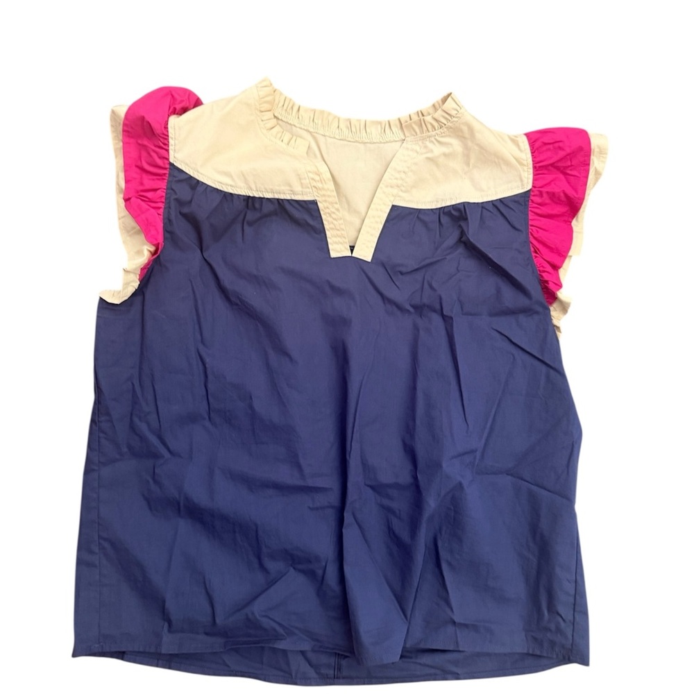 Trendy Boutique Ruffle Sleeve Blouse - Blue, Pink, and Cream